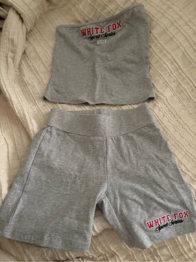 White Fox Boutique Gray Three-Piece Tube Top & Shorts & Pants Set